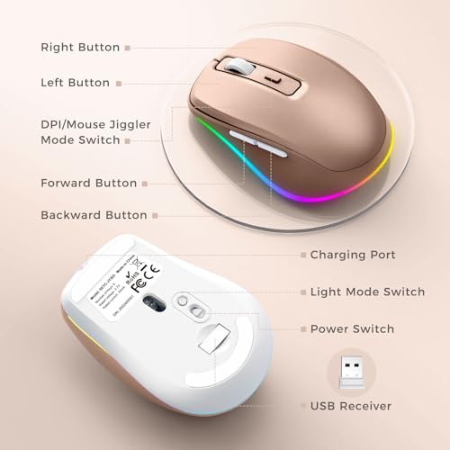 PEIOUS Wireless Mouse Jiggler, LED Mouse with Built-in Mouse Mover, Gold | Rechargeable, Silent Clicks, Adjustable DPI and Random Movement Keep Computers Awake for Work-Life Balance on Laptop/PC/Mac - color: Gold
