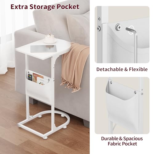 C Shaped End Table, Small Side Table for Couch, C Table that Slides Under Sofa with Storage Bag, TV Tray Table for Recliner, Living Room, Bedside, Bedroom, Small Spaces, White - color: Classic White