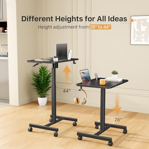 28 inch Mobile Laptop Desk, Portable Sit Stand Cart with Wheels | Small Standing Desk with Cup Holder, Rolling Computer Workstation Height Adjustable with Hook on 4 Lockable Casters, Black - color: Black