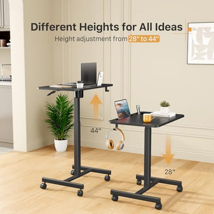 28 inch Mobile Laptop Desk, Portable Sit Stand Cart with Wheels | Small Standing Desk with Cup Holder, Rolling Computer Workstation Height Adjustable with Hook on 4 Lockable Casters, Black - color: Black