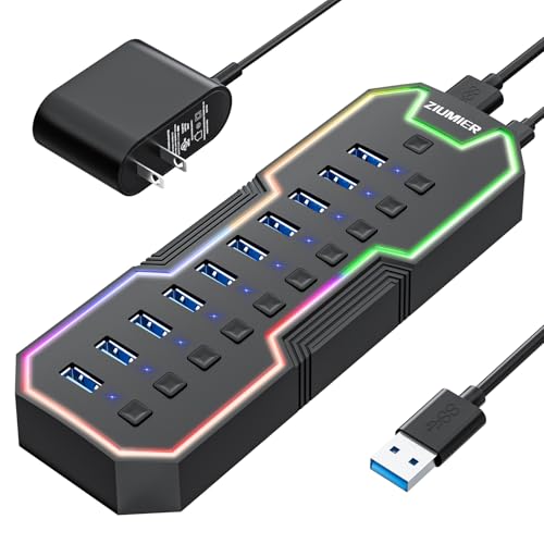 Powered USB Hub, 10 Ports USB 3.0 Hub with RGB LED Strip | 12V/2A Power Adapter USB Extension,Individual LED On/Off Switches for Mac, PC, Desktop, Flash Drive, Mobile HDD
