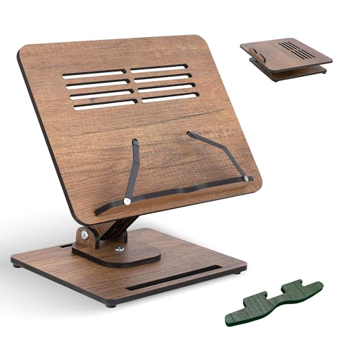 Vigo Wood Book Stand for Reading 360° Adjustable, Wooden Laptop Stand, Cookbooks Holder, Music Scores, Featuring Multi-Height Angles and Foldable Design with Page Clips.