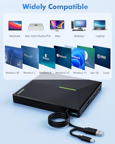 ORIGBELIE External CD DVD Drive, 4 USB & 2 TF/SD Card Ports & Carrying Case | USB C 3.0 Optical Disk Drive, Portable CD/DVD Player Burner Reader Writer for Laptop MacBook Desktop PC Windows Linux Mac OS - size: 5.9" x 5.65" x 0.75"