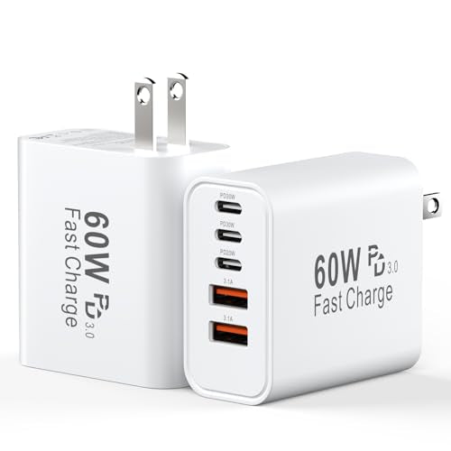 USB C Charging Blocks, 60W USBC Wall Fast Charger Block, Type C iPhone USB C Charger Fast Charging Brick, 5-Port Multiport Charger Plug Power Adapter for iPhone 17/16/15/14/13 Pro Max, iPad, GalaxyS25 - color: White