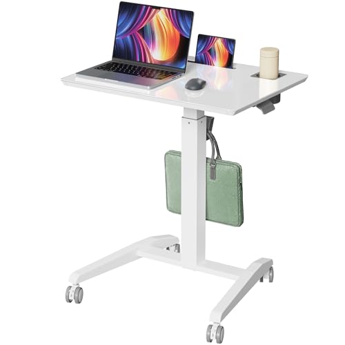 Gibbon Mounts 27" Mobile Rolling Standing Desk with Lockable Wheels, White | Small Laptop Cart Height Adjustable with Cup Holder, Slot, Hook, Portable Pneumatic Teacher Rising Workstation for Classroom - color: White
