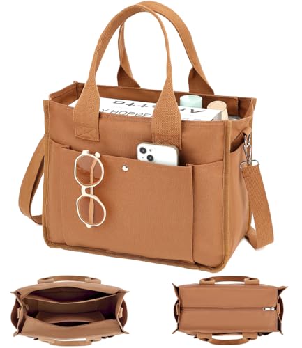Fammart Large Canvas Tote Bag for Women with Zipper & Compartments, Crossbody Laptop Bags for Work College Travel - color: Brown