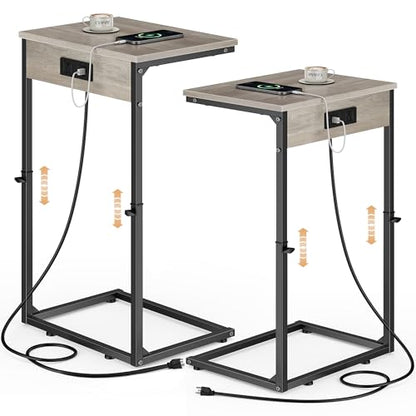 C Shaped End Tables Set of 2 with Charging Station, 33.2'' Tall C Table Adjustable Height Side Table, Small Side Table for Small Spaces, Couch Sofa Table TV Tray for Living Room, Greige - color: Greige (2 Pack), style: With Plug