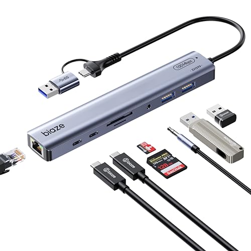 9-in-1 USB/USB C Hub Adapter for MacBook, iPhone,3 USB Ports (2xUSB 3.0, USB 2.0), 100M Ethernet, SD/TF Card Reader, 3.5mm Audio, 2X USB-C Data Ports,No Driver Required