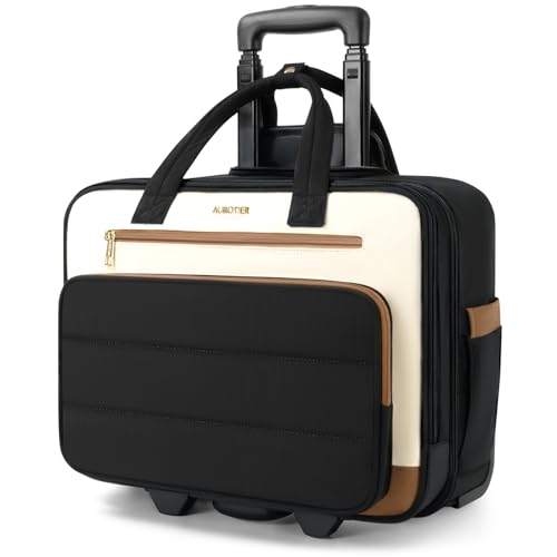 Rolling Laptop Bag Women,Puffer Rolling Briefcase, 16 inch Wheeled Laptop Bag,Stylish Overnight Underseat Water Resistant Carry On Luggage with Wheels for Work Travel Business,Ribbed Beige Brown - color: Ribbed Beige Brown