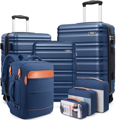 7 Piece Luggage Sets with Premium YKK Zipper, 20/24/28in PC Hardside Suitcase With Spinner Wheels, Luggage Airline Approved, Durable Suitcase Sets with TSA Locks for Travel - color: Navy Blue, size: 7 piece set (20/24/28inch)