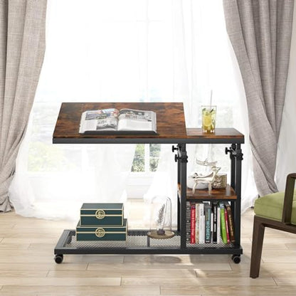 Tribesigns Height Adjustable C Table with Wheels, Mobile Couch Snack Side Table with Tiltable Drawing Board, Sofa Bedside Laptop Stand C Shaped TV Tray with Storage Shelves (Brown) - color: Rustic Brown