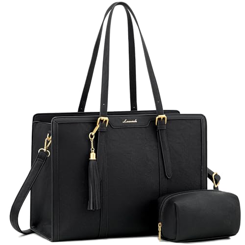 LOVEVOOK Laptop Bag for Women Vintage Leather Laptop Tote 17.3 inch Large Capacity Computer bag with Clutch Purse for Work - color: Black, size: 17.3 inch