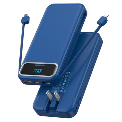 Nusyddy Portable Charger 12000mAh Fast Charging w/Built-in Wall Plug Navy | 22.5W Fast Charging, LED Display, Pass Through Charging, TSA Approved, Portable & Slim, Power Bank for iPhone, Samsung - color: Steel Blue