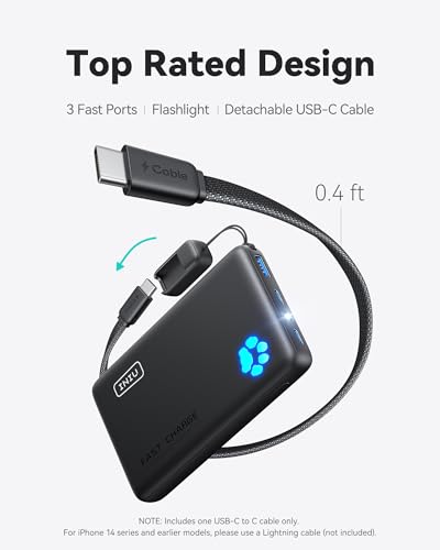 INIU 45W Fast Charging Portable Charger, Smaller 10000mAh Travel Power Bank | Flight-Safe, Detachable USB C Cable, Travel Essential, External Battery Phone Pack for iPhone 17 Samsung S26 iPad etc - color: Black