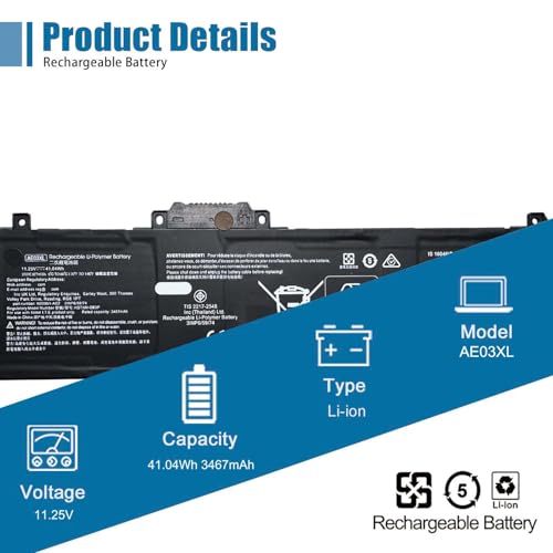 AE03XL Laptop Battery Replacement for HP 240 245 250 255 G10 14-EE 14-EM 14Z-EM 14-EP 14T-EP 15-FC 15Z-FC 15-FD Series N21969-005 TPN-DB1N N20951-2D1 AE03041XL 11.25V 41.04Wh 3467mAh - size: 10.41*3.20*0.21 inch AE03XL