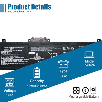 AE03XL Laptop Battery Replacement for HP 240 245 250 255 G10 14-EE 14-EM 14Z-EM 14-EP 14T-EP 15-FC 15Z-FC 15-FD Series N21969-005 TPN-DB1N N20951-2D1 AE03041XL 11.25V 41.04Wh 3467mAh - size: 10.41*3.20*0.21 inch AE03XL