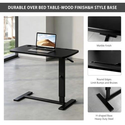 BeGyoku Overbed Table with Hidden Wheels, Pneumatic Height Adjustable Rolling Bedside Table, Hospital Home Use (Black) - color: Black