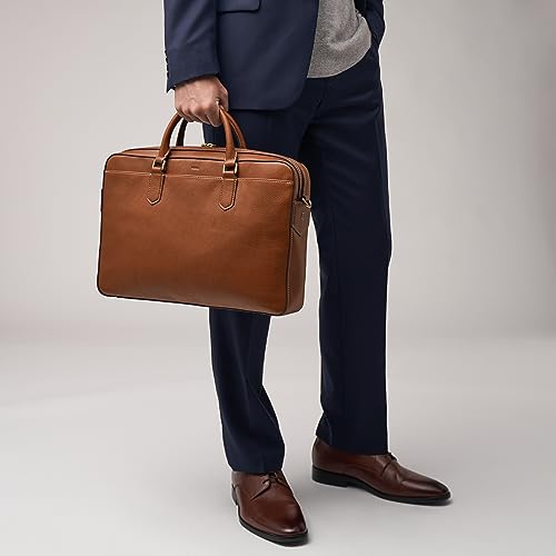 Fossil Men's Haskell or Asher Leather Messenger Briefcase Work Laptop Bag for Men - color: Asher Brown Leather