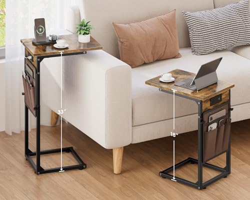 Vagusicc C-Shaped End Tables Set of 2 with Charging Station, 33'' Tall C Table Adjustable Height Side Table, Sofa Table for Couch, Couch Table that Slide Under Sofa, TV Trays for Living Room, Brown - color: 2pc Rustic Brown, style: With Plug