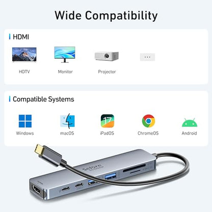 USB C Hub HDMI Adapter for MacBook Pro/Air, 7 in 1 USBC Dongle with HDMI, microSD/SD Card Reader, USB C Data Port,100W PD, and 2 USB 3.0 Compatible for MacBook Pro/Air, Dell XPS, Lenovo Thinkpad. - color: Space Gray