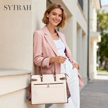 SYTRAH Laptop Tote Bag for Women, 15.6 inch Computer Purse | Faux Leather Laptop Tote with Satchel Purse, Fits 15.6" Laptop, 9-Pocket Organizer, 3-Way Convertible,Work & Casual - color: Beige Brown