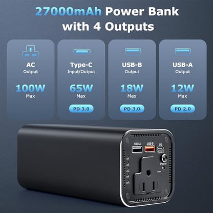 Portable Power Bank, 100W AC Outlet Laptop Charger, 98Wh/27000mAh High Capacity with 65W PD USB C Laptop Battery Bank, Backup Power Source for Business Travel and Outdoor Activities