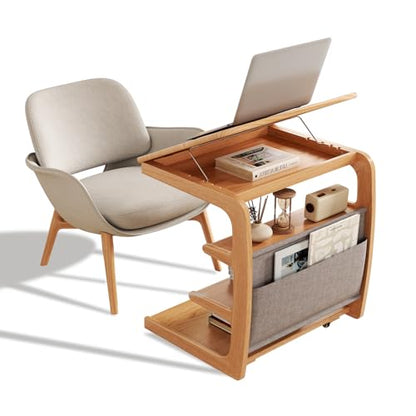 AQIMUELE Rolling Side Table, C Shaped End Table, C Table with 4 Wheels Solid Wood Small Rolling Desk with Adjustable Desktop,C Shaped End Table for Couch,Home Office(15.6" D x 23.6" W x 24.3" H) - color: Natural, size: 15.6"D x 23.6"W x 24.8"H, style: Mod