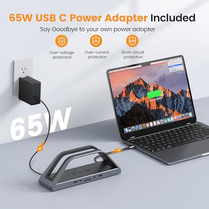 TobenONE 14-in-1 MacBook Pro Docking Station Dual 4K Monitor, Driver-Based | Aluminum Vertical Dock Stand for MacBook M1-M5/Neo, Dual 4K HDMI, VGA, 65W Adapter, 5Gbps USB, Space-Saving for Home & Office