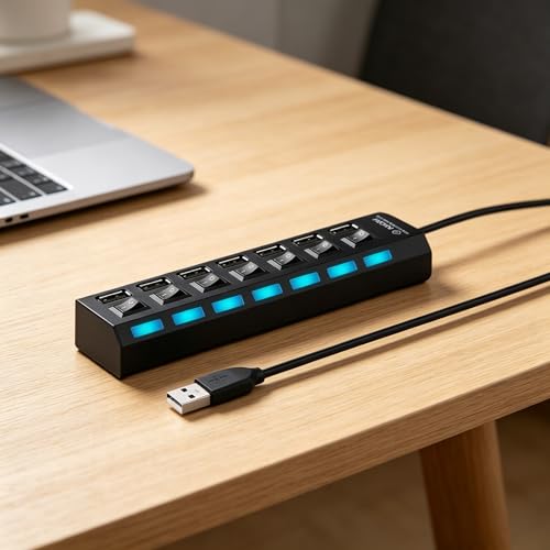 1 PCS 7 Port USB 2.0 Hub Multi Charger Adapter, High Speed USB Extender with Individual On Off Switches, Compact USB Splitter for Laptop and PC