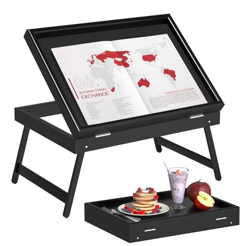 Artmeer FSC-Certified Bamboo Bed Tray Table, Tilting Top, Medium, Black | FSC-certified bamboo bed tray with tilting top and folding legs for meals, laptops, reading and serving in bed or on sofa. - color: Black, size: 15.4" x 11" x 4.7"