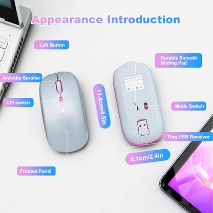 Wireless Bluetooth Mouse Rechargeable Long Lasting Dual Mode - BT 5.2 & 2.4G Silent RGB LED Mice, Slim Portable Ergonomic Mouse for Laptop/PC/Tablet/MacBook/iPad/Apple Devices (Silver) - color: Silver