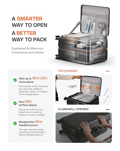 Expandable 20Inch Carry On Luggage Airline Approved - Top Opening Hardside Travel Suitcase Unbreakable -with Cup Holder,USB Charge,Side Pothook, 360°Spinner Wheels, TSA Lock-Black - color: Black, size: 20 Inch-EXT