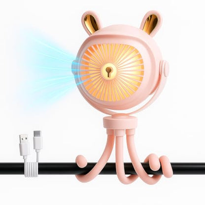 Stroller Fan for Baby with LED Light – Portable Clip-On Fan with Flexible Tripod Legs, USB Rechargeable, 3 Speeds, 120 Minutes Battery Life, Quiet Cooling for Travel, Nursery & Car Seat - color: PINK