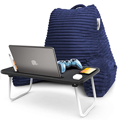Nestl Navy Blue Reading Pillow with Bed Desk for Laptop and Writing, Luxe Cut Plush Back Pillow for Sitting Up, Back and Arms Adjustable Support for Adult and Teens, Foldable Lap Desk for Bed 22x14” - color: 05- Navy Blue, size: Standard 18"