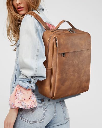 MASINTOR 15.6 inch PU Leather Laptop Backpack Purse for Women | College Laptop Backpack, Spacious Main Compartment, Luggage Strap & Padded Sleeve, Ideal for Campus, Commute & Travel - color: Mocha Brown