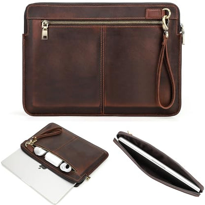 Top Grain Leather 14.2" Laptop Case Bag, Zip Pockets Design, Compatible with MacBook Air 13" M2 A2681 M1 A2337 A2179 A1932/Pro 13" M2 M1 A2338 A2251 A2289 A2159 A1989 A1706, Coffee 14.2 Inch - color: 【Bag】Horizontal Zip & 2 Pockets - Coffee, size: 14.2" -