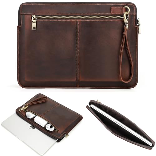 Top Grain Leather 14.2" Laptop Case Bag, Zip Pockets Design, Compatible with MacBook Air 13" M2 A2681 M1 A2337 A2179 A1932/Pro 13" M2 M1 A2338 A2251 A2289 A2159 A1989 A1706, Coffee 14.2 Inch - color: 【Bag】Horizontal Zip & 2 Pockets - Coffee, size: 14.2" -