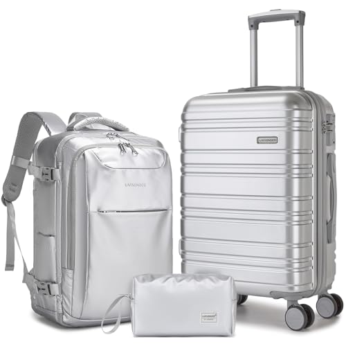 LARVENDER Carry on Luggage Sets 3 Piece, 20 Inch Suitcases, Glossy Silver | 22x14x9 Airline Approved, Lightweight PC+ABS Hardshell, Smooth 360° Double Wheels, TSA Lock, 3-Piece Set with XL Backpack - color: Glossy Silver (XL-BP), size: 3 Piece Set (Backpa
