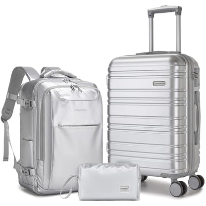 LARVENDER Carry on Luggage Sets 3 Piece, 20 Inch Suitcases, Glossy Silver | 22x14x9 Airline Approved, Lightweight PC+ABS Hardshell, Smooth 360° Double Wheels, TSA Lock, 3-Piece Set with XL Backpack - color: Glossy Silver (XL-BP), size: 3 Piece Set (Backpa