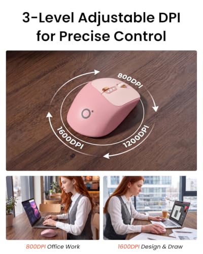 SEUNKWANG Dual-Mode Wireless Mouse with Visible Battery Indicator, Silent Rechargeable Bluetooth & 2.4G Computer Mouse, 1600 DPI, One-Click Privacy Key, Portable Mice for Laptop/PC/Mac - Rose Pink - color: Rose Pink