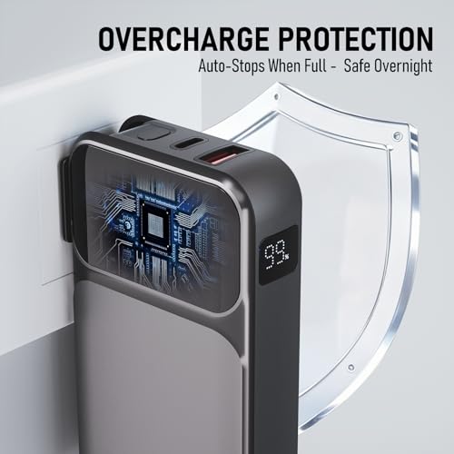 Portable Charger with Wall Plug, 20000mAh Power Bank 22.5W Fast Charging, Built-in Lightning & USB-C Cables, Plug in Portable Charger for Android Samsung iPhone, 4-in-1 Travel Charger