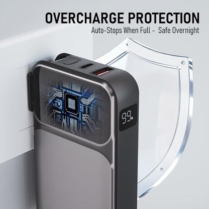 Portable Charger with Wall Plug, 20000mAh Power Bank 22.5W Fast Charging, Built-in Lightning & USB-C Cables, Plug in Portable Charger for Android Samsung iPhone, 4-in-1 Travel Charger