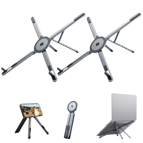 4-in-1 Foldable Laptop Stand, Magnetic Phone Stand & Selfie Stick with 180° Rotating Magnetic Head, Portable Travel Laptop Holder Tripod, 8-Level Ergonomic Height Adjustable Stand (Grey, 2 PCS) - color: Grey, size: 2 PCS