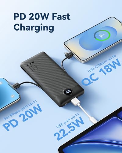 VRURC 10000mAh 22.5W Portable Charger, AC Plug & Built-in Cables,Black | Slim battery pack ,PD 20W fast charging, for business travel,compatible with iPhone & Samsung - color: Black