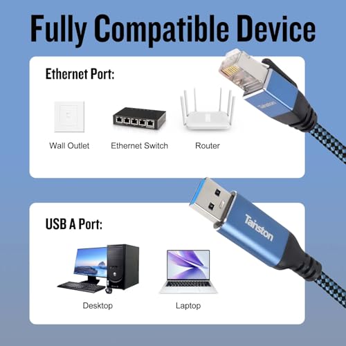 USB to Ethernet Cable, 4Ft USB3.0 A to RJ45 Cable,USB3.0 A to Gigabit Ethernet Cable Compatible Laptop, PC, Switch, Router, Modem and More - size: 4 FT