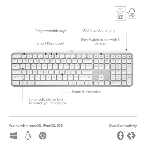 Logitech MX Keys S Wireless Keyboard Low Profile Fluid Precise - Pale Grey | Fluid precise quiet typing, programmable keys, backlighting, USB-C rechargeable, for Windows PC, Linux, Chrome, Mac - color: Pale Grey, style: MX Keys S