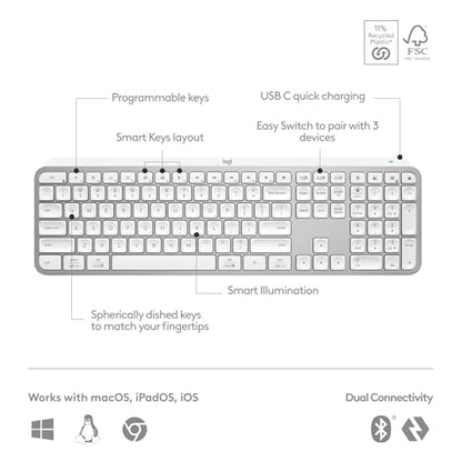 Logitech MX Keys S Wireless Keyboard Low Profile Fluid Precise - Pale Grey | Fluid precise quiet typing, programmable keys, backlighting, USB-C rechargeable, for Windows PC, Linux, Chrome, Mac - color: Pale Grey, style: MX Keys S