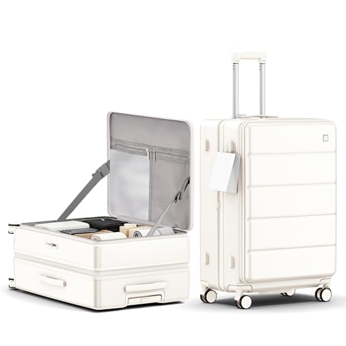 28 Inch Checked Luggage Side Opening Expandable Hardshell Suitcase, 100% PC Lightweight with Brake Spinner Wheels, TSA Lock - Large Travel Suitcase - color: Milky White, size: 28 Inch-EXT