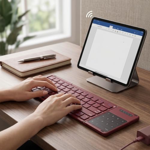 Foldable Keyboard with Touchpad, PU Leather Cover Bluetooth, Rechargeable 3 Fold Wireless Keyboard with Number Pad for Travel Tablet Laptop Users (Wine Red) - color: Wine Red