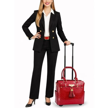 JKM & Company Rolling Laptop Bag for Women | Designer Wheeled Briefcase | Fits 13-17" Laptops | Office Travel Computer Case - color: Victoria (Red Patent)